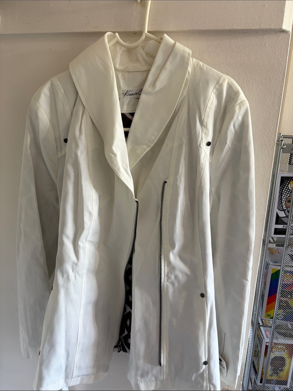 Kenneth Cole White Asymmetrical Zip Leather Jacket with Shawl Collar